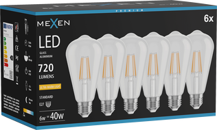 Mexen Vintis 6x LED-Filamentlampe E27, ST64, 6W, Warm - 2200K, 720 lm, klar - L152-E27-0622-00x06