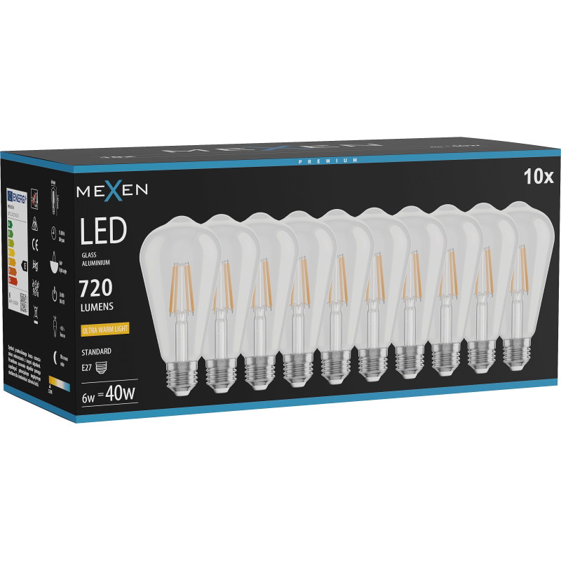 Mexen Vintis 10x LED-Filament-Glühbirne E27, ST64, 6W, Warm - 2200K, 720 lm, klar - L152-E27-0622-00x10