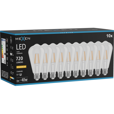 Mexen Vintis 10x LED-Filament-Glühbirne E27, ST64, 6W, Warm - 2200K, 720 lm, klar - L152-E27-0622-00x10