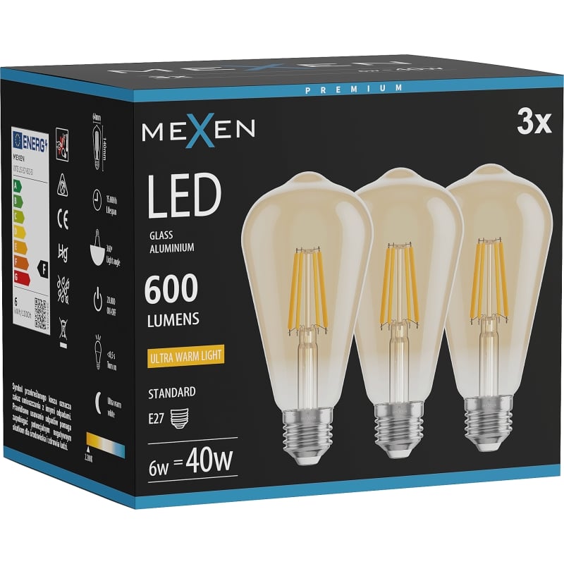 Mexen Vintis 3x LED-Filament-Glühbirne E27, ST64, 6W, Warm - 2200K, 600 lm, bernstein - L152-E27-0622-50x03