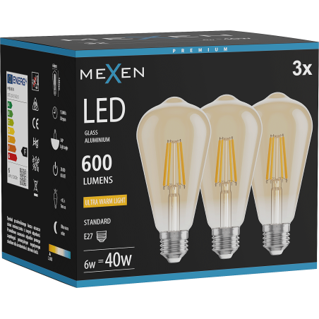 Mexen Vintis 3x LED-Filament-Glühbirne E27, ST64, 6W, Warm - 2200K, 600 lm, bernstein - L152-E27-0622-50x03