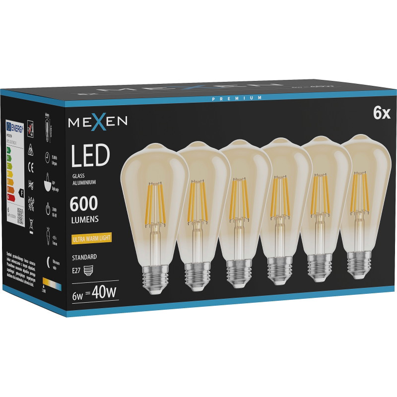 Mexen Vintis 6x LED-Filamentlampe E27, ST64, 6W, Warm - 2200K, 600 lm, amber - L152-E27-0622-50x06