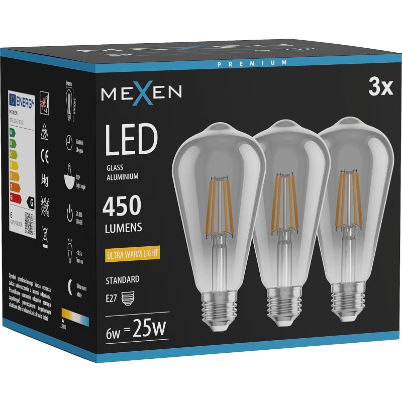 Mexen Vintis 3x LED-Filament-Lampe E27, ST64, 6W, Warm - 2200K, 450 lm, Rauch - L152-E27-0622-70x03