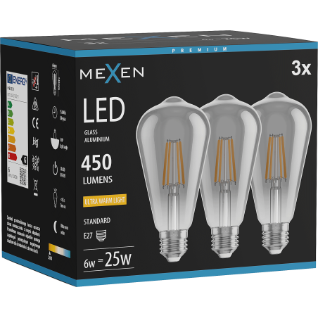Mexen Vintis 3x LED-Filament-Lampe E27, ST64, 6W, Warm - 2200K, 450 lm, Rauch - L152-E27-0622-70x03