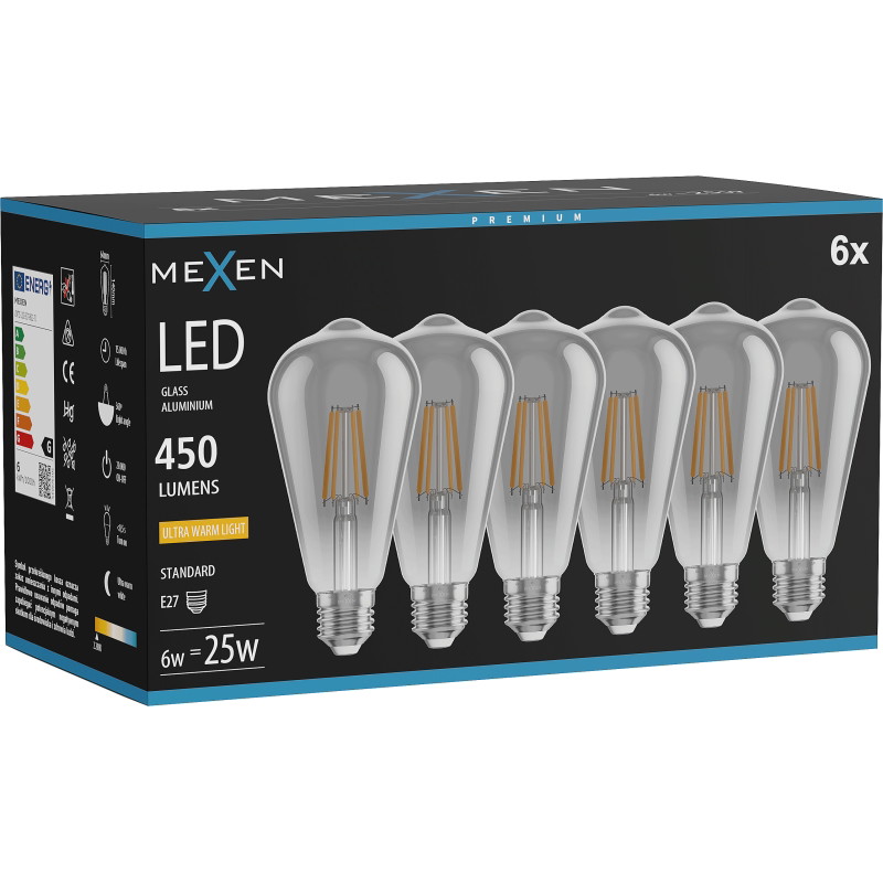 Mexen Vintis 6x LED-Filamentlampe E27, ST64, 6W, Warm - 2200K, 450 lm, Rauch - L152-E27-0622-70x06