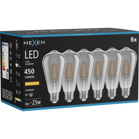 Mexen Vintis 6x LED-Filamentlampe E27, ST64, 6W, Warm - 2200K, 450 lm, Rauch - L152-E27-0622-70x06