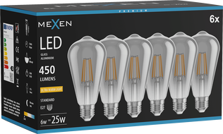 Mexen Vintis 6x LED-Filamentlampe E27, ST64, 6W, Warm - 2200K, 450 lm, Rauch - L152-E27-0622-70x06