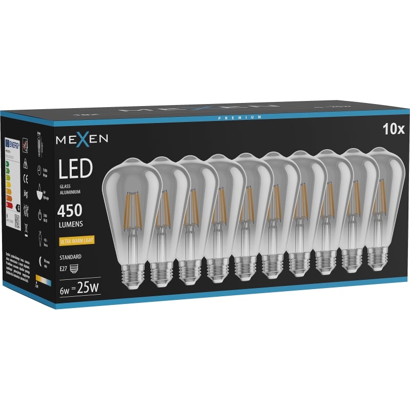 Mexen Vintis 10x LED-Filament-Glühlampe E27, ST64, 6W, Warm - 2200K, 450 lm, rauch - L152-E27-0622-70x10