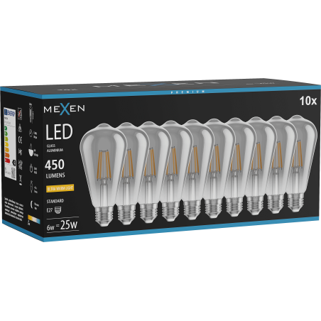 Mexen Vintis 10x LED-Filament-Glühlampe E27, ST64, 6W, Warm - 2200K, 450 lm, rauch - L152-E27-0622-70x10