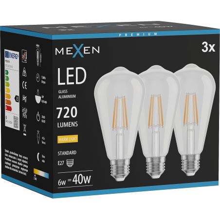 Mexen Vintis 3x LED-Filament-Glühbirne E27, ST64, 6W, Warm - 2700K, 720 lm, klar - L152-E27-0627-00x03