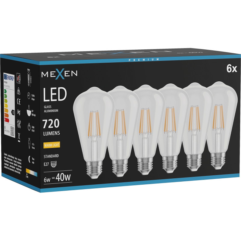 Mexen Vintis 6x LED-Filament-Lampe E27, ST64, 6W, Warm - 2700K, 720 lm, klar - L152-E27-0627-00x06