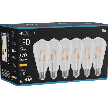Mexen Vintis 6x LED-Filament-Lampe E27, ST64, 6W, Warm - 2700K, 720 lm, klar - L152-E27-0627-00x06