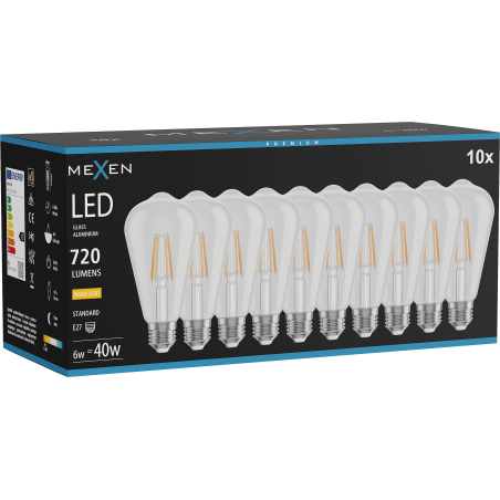 Mexen Vintis 10x LED-Filament-Glühbirne E27, ST64, 6W, Warm - 2700K, 720 lm, klar - L152-E27-0627-00x10