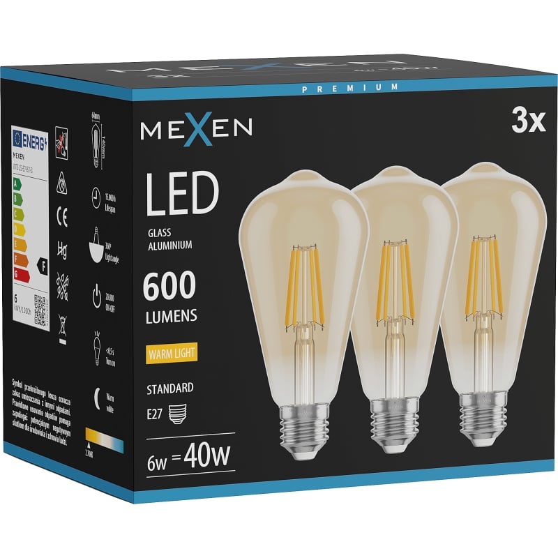 Mexen Vintis 3x LED-Filament-Glühbirne E27, ST64, 6W, Warm - 2700K, 600 lm, bernstein - L152-E27-0627-50x03