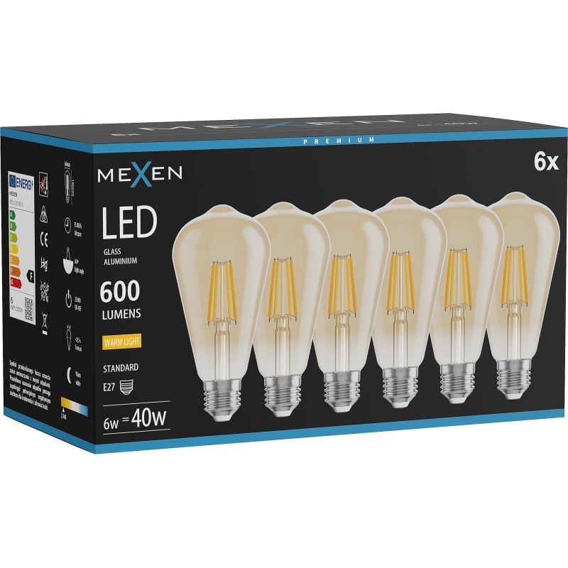 Mexen Vintis 6x LED-Filamentlampe E27, ST64, 6W, Warm - 2700K, 600 lm, Bernstein - L152-E27-0627-50x06