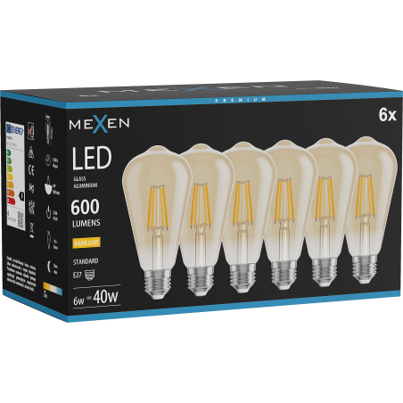 Mexen Vintis 6x LED-Filamentlampe E27, ST64, 6W, Warm - 2700K, 600 lm, Bernstein - L152-E27-0627-50x06