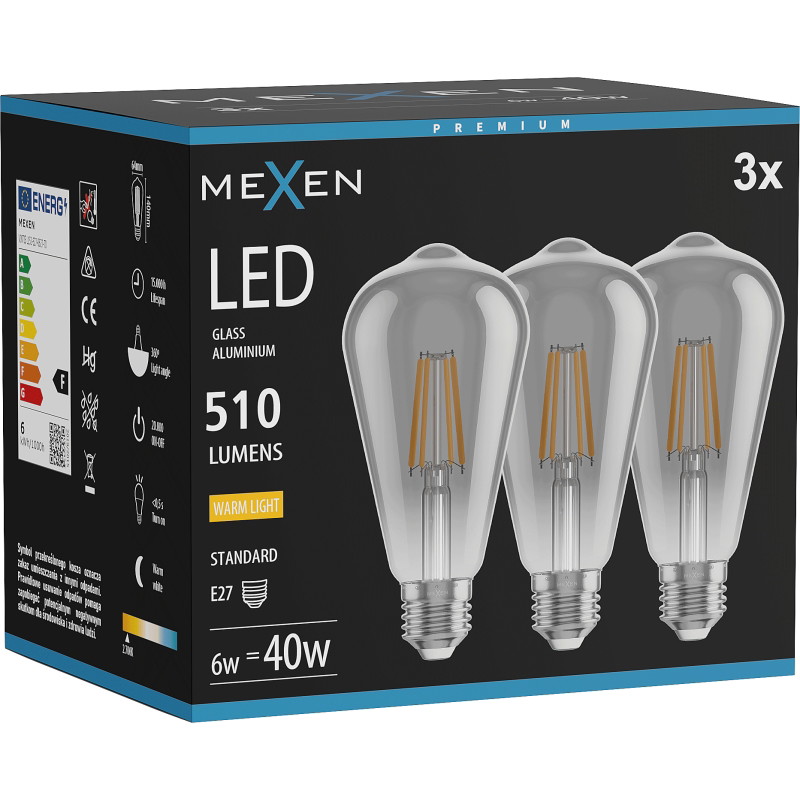 Mexen Vintis 3x LED-Filamentlampe E27, ST64, 6W, Warm - 2700K, 510 lm, Rauch - L152-E27-0627-70x03