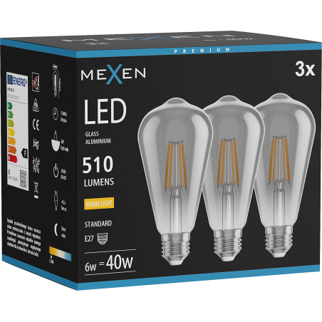 Mexen Vintis 3x LED-Filamentlampe E27, ST64, 6W, Warm - 2700K, 510 lm, Rauch - L152-E27-0627-70x03