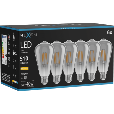 Mexen Vintis 6x LED-Filamentlampe E27, ST64, 6W, Warm - 2700K, 510 lm, Rauch - L152-E27-0627-70x06