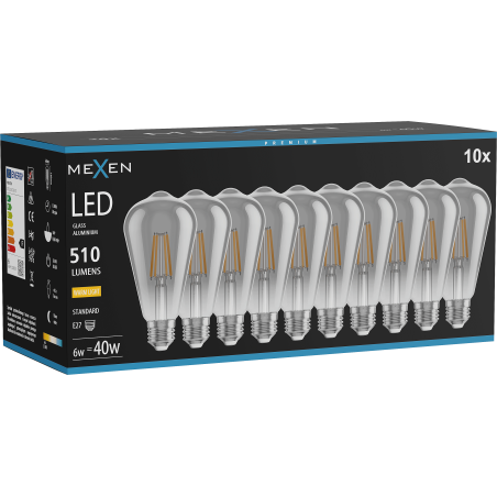 Mexen Vintis 10x LED-Filamentlampe E27, ST64, 6W, Warm - 2700K, 510 lm, Rauchglas - L152-E27-0627-70x10