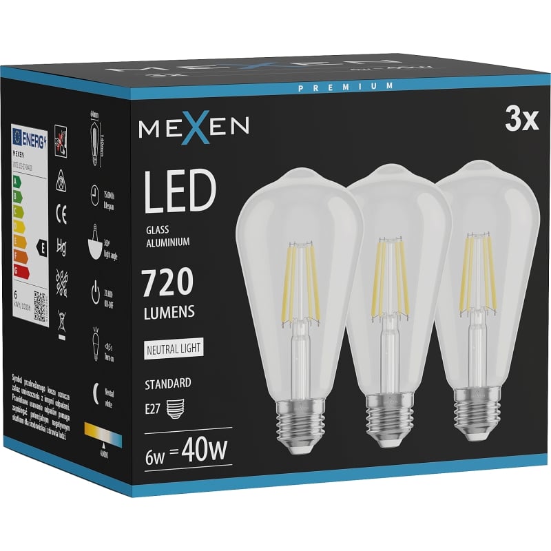 Mexen Vintis 3x LED-Filament-Glühbirne E27, ST64, 6W, Neutral - 4000K, 720 lm, klar - L152-E27-0640-00x03