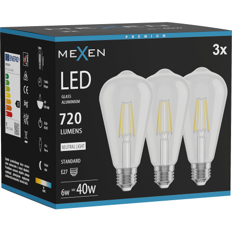 Mexen Vintis 3x LED-Filament-Glühbirne E27, ST64, 6W, Neutral - 4000K, 720 lm, klar - L152-E27-0640-00x03