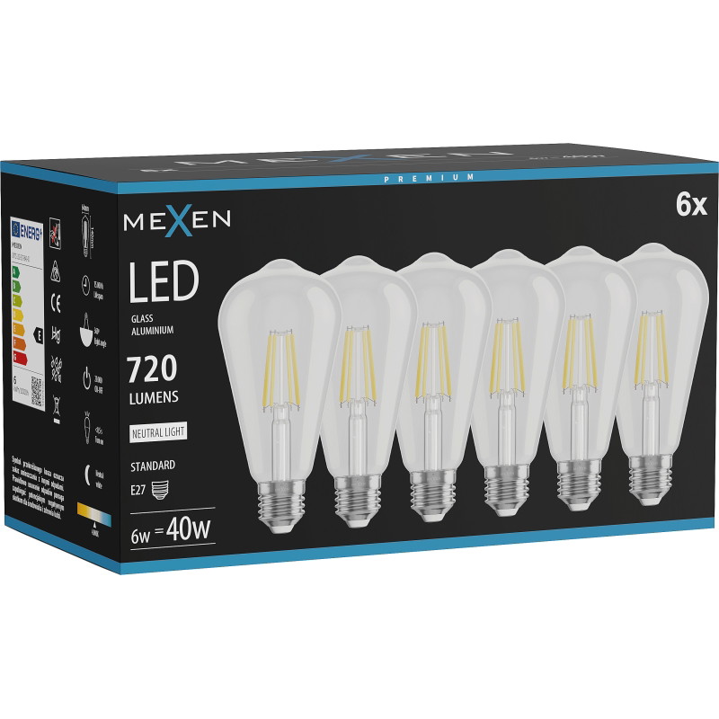 Mexen Vintis 6x LED-Filament-Glühbirne E27, ST64, 6W, Neutral - 4000K, 720 lm, klar - L152-E27-0640-00x06