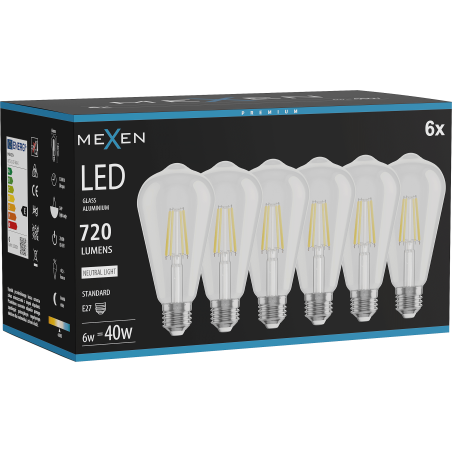Mexen Vintis 6x LED-Filament-Glühbirne E27, ST64, 6W, Neutral - 4000K, 720 lm, klar - L152-E27-0640-00x06