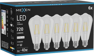 Mexen Vintis 6x LED-Filament-Glühbirne E27, ST64, 6W, Neutral - 4000K, 720 lm, klar - L152-E27-0640-00x06