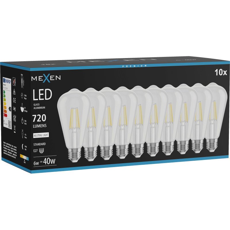 Mexen Vintis 10x LED-Filamentlampe E27, ST64, 6W, Neutral - 4000K, 720 lm, klar - L152-E27-0640-00x10