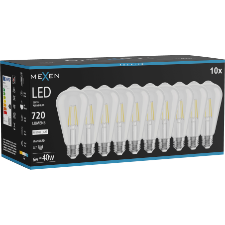 Mexen Vintis 10x LED-Filamentlampe E27, ST64, 6W, Neutral - 4000K, 720 lm, klar - L152-E27-0640-00x10