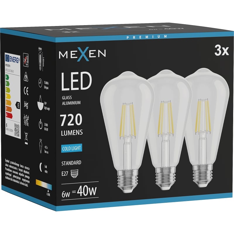 Mexen Vintis 3x LED-Filamentlampe E27, ST64, 6W, Kalt - 6500K, 720 lm, klar - L152-E27-0665-00x03
