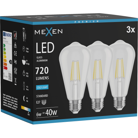 Mexen Vintis 3x LED-Filamentlampe E27, ST64, 6W, Kalt - 6500K, 720 lm, klar - L152-E27-0665-00x03