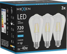 Mexen Vintis 3x LED-Filamentlampe E27, ST64, 6W, Kalt - 6500K, 720 lm, klar - L152-E27-0665-00x03