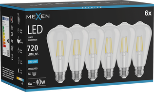 Mexen Vintis 6x LED-Filament-Glühbirne E27, ST64, 6W, Kalt - 6500K, 720 lm, klar - L152-E27-0665-00x06