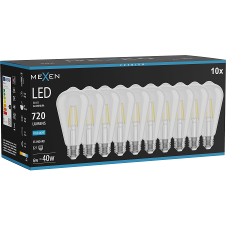 Mexen Vintis 10x LED-Filamentlampe E27, ST64, 6W, Kalt - 6500K, 720 lm, klar - L152-E27-0665-00x10