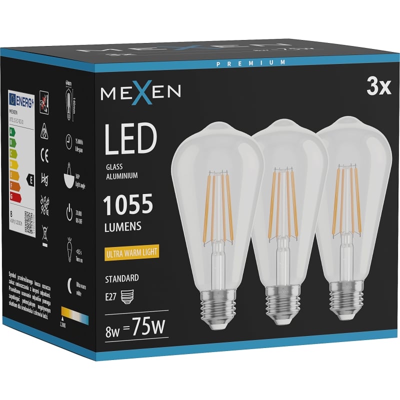 Mexen Vintis 3x LED-Filament-Glühbirne E27, ST64, 8W, Warm - 2200K, 1055 lm, klar - L152-E27-0822-00x03