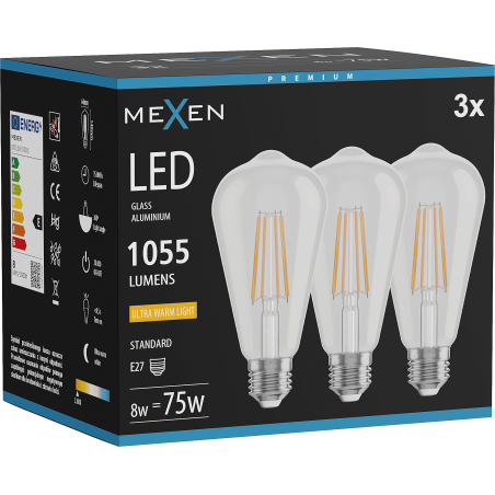 Mexen Vintis 3x LED-Filament-Glühbirne E27, ST64, 8W, Warm - 2200K, 1055 lm, klar - L152-E27-0822-00x03