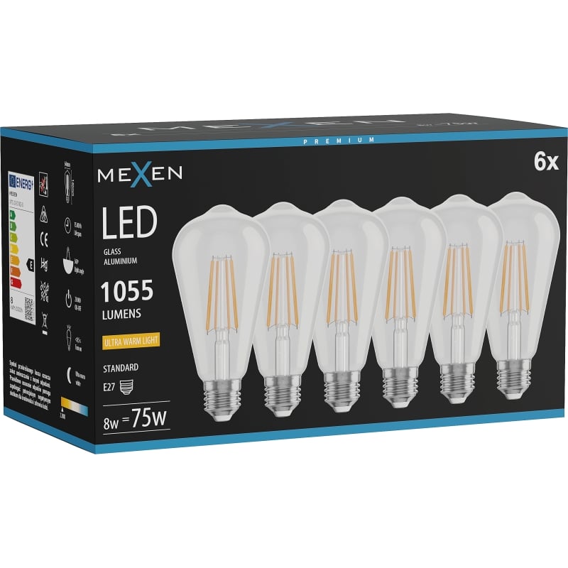 Mexen Vintis 6x LED-Filamentlampe E27, ST64, 8W, Warm - 2200K, 1055 lm, klar - L152-E27-0822-00x06