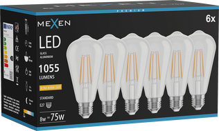 Mexen Vintis 6x LED-Filamentlampe E27, ST64, 8W, Warm - 2200K, 1055 lm, klar - L152-E27-0822-00x06