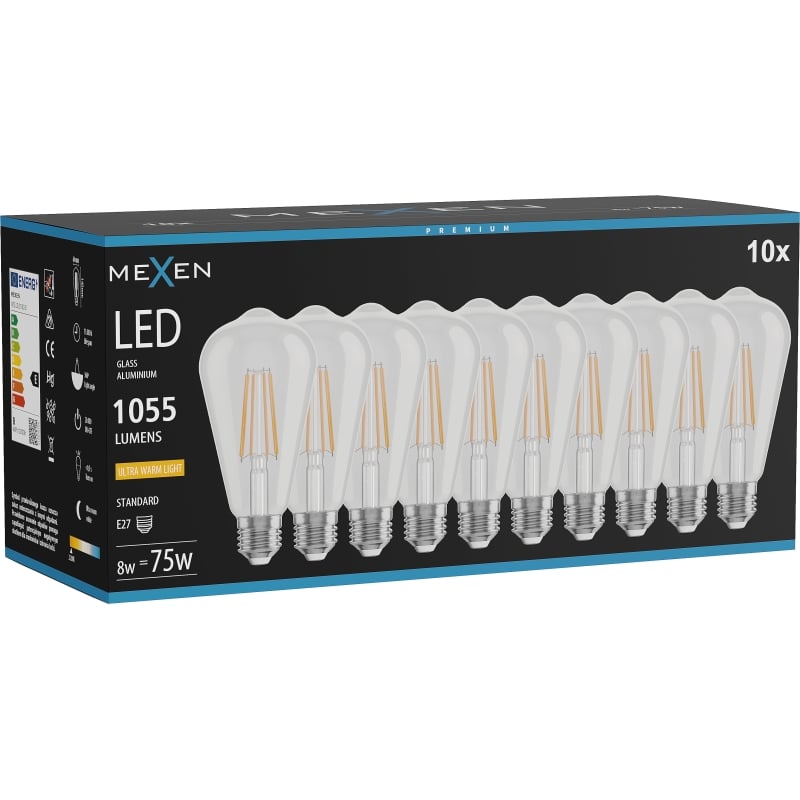 Mexen Vintis 10x LED-Filamentlampe E27, ST64, 8W, Warm - 2200K, 1055 lm, klar - L152-E27-0822-00x10