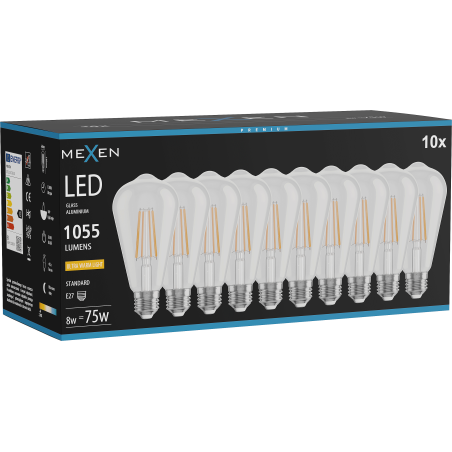 Mexen Vintis 10x LED-Filamentlampe E27, ST64, 8W, Warm - 2200K, 1055 lm, klar - L152-E27-0822-00x10