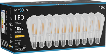 Mexen Vintis 10x LED-Filamentlampe E27, ST64, 8W, Warm - 2200K, 1055 lm, klar - L152-E27-0822-00x10