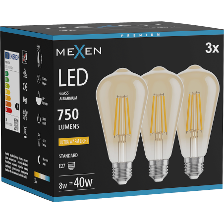 Mexen Vintis 3x Filament-LED-Glühbirne E27, ST64, 8W, Warm - 2200K, 750 lm, Bernstein - L152-E27-0822-50x03