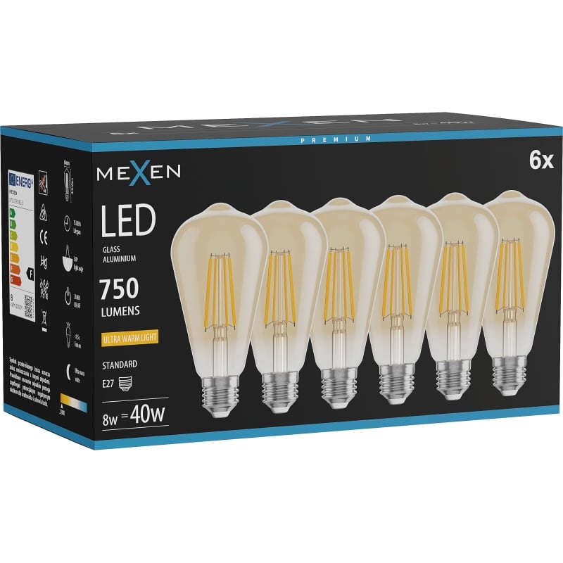 Mexen Vintis 6x LED-Filamentlampe E27, ST64, 8W, Warm - 2200K, 750 lm, amber - L152-E27-0822-50x06