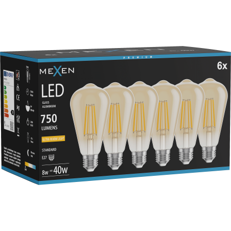 Mexen Vintis 6x LED-Filamentlampe E27, ST64, 8W, Warm - 2200K, 750 lm, amber - L152-E27-0822-50x06