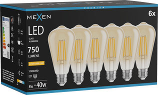 Mexen Vintis 6x LED-Filamentlampe E27, ST64, 8W, Warm - 2200K, 750 lm, amber - L152-E27-0822-50x06