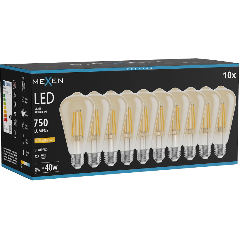 Mexen Vintis 10x LED-Filament-Glühbirne E27, ST64, 8W, Warm - 2200K, 750 lm, amber - L152-E27-0822-50x10