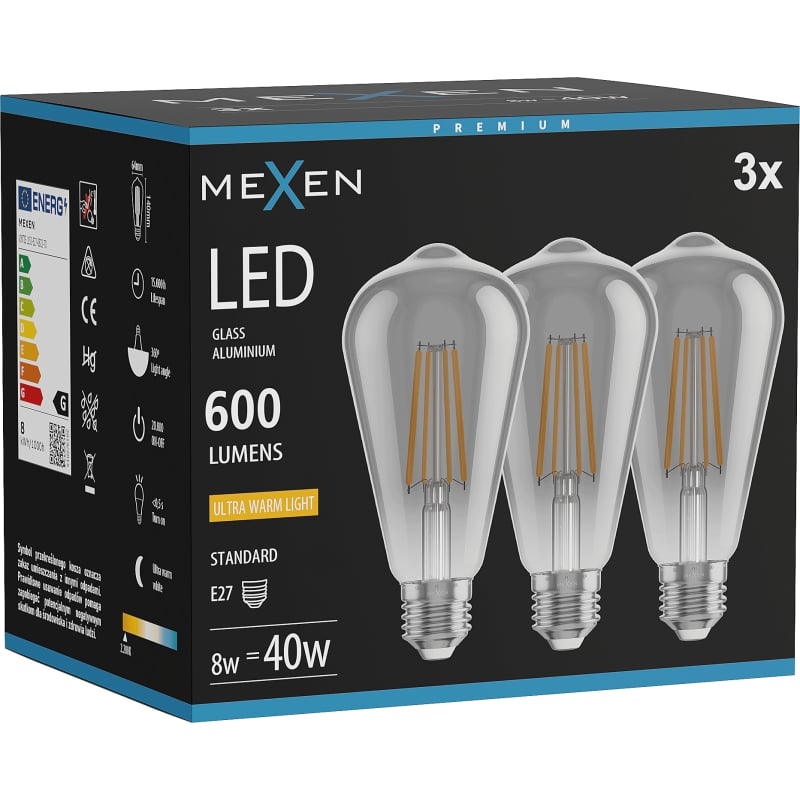 Mexen Vintis 3x LED-Filamentlampe E27, ST64, 8W, Warm - 2200K, 600 lm, rauch - L152-E27-0822-70x03