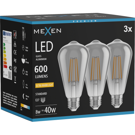 Mexen Vintis 3x LED-Filamentlampe E27, ST64, 8W, Warm - 2200K, 600 lm, rauch - L152-E27-0822-70x03